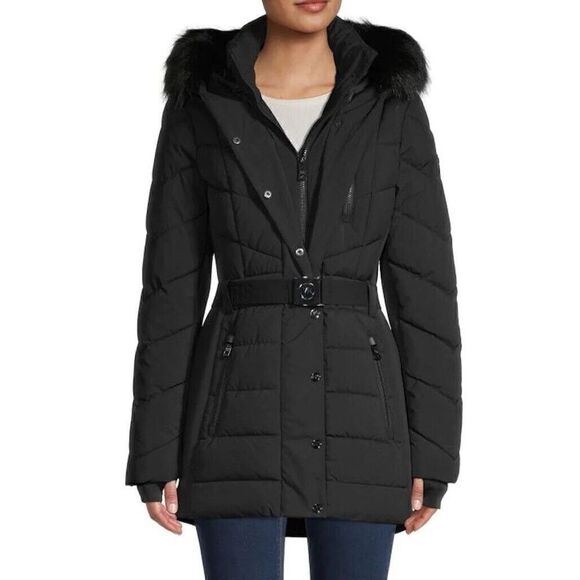 Michael Michael Kors Belted Puffer Faux Fur Trim Hooded Coat Jacket Black S